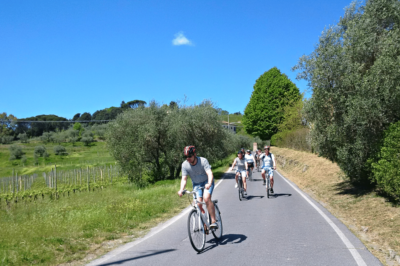 2Italia Cycling and Food & Wine. Cycling with guide in the hills of Lucca. On the way to a vineyard lunch.