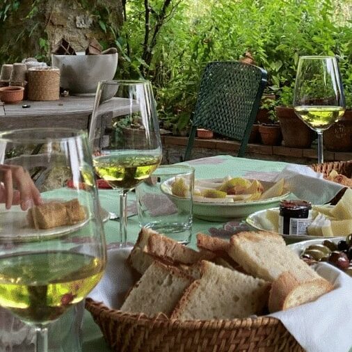 Tuscan food and wine on the lunch table outside